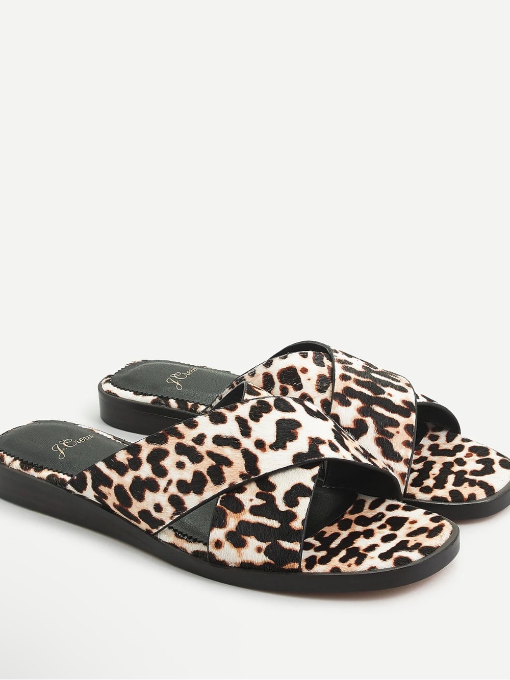 J Crew leopard print calf hair leather crossover strappy wedge slides sandals